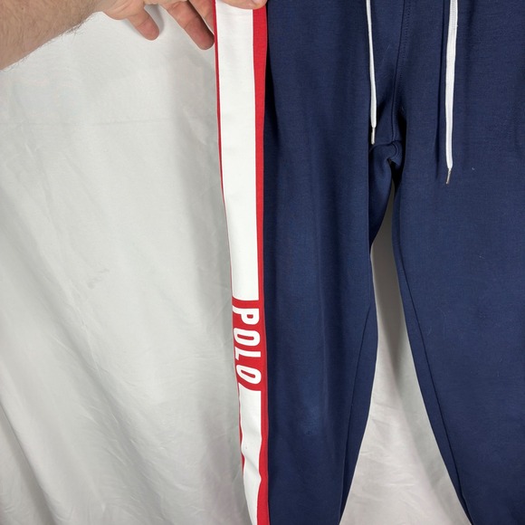 Polo Ralph Lauren Joggers Small Spell Out Logo Blue Red White Stripe Sweatpants - Picture 8 of 15